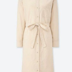 Uniqlo WOMEN CORDUROY LONG-SLEEVE SHIRT DRESS Beige Bone Cream Tan Size Large